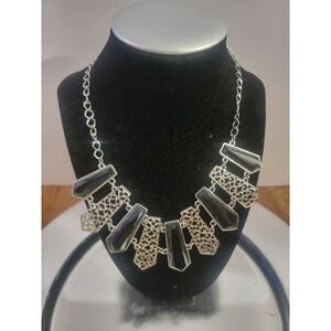 Silver Tone Black Geometric Bib Statement Necklace Filigree Gothic Boho